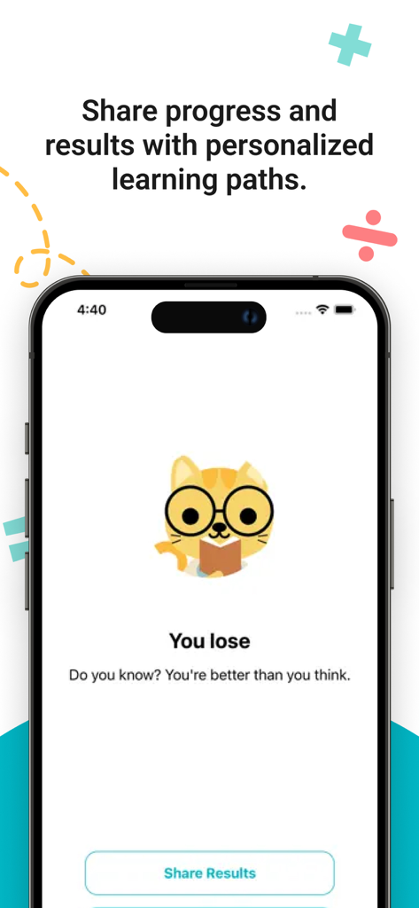 12345 Math Academy Grades 1-5 - An encouraging student progress screen in the 12345 Math Academy app featuring a cat mascot and a share results button