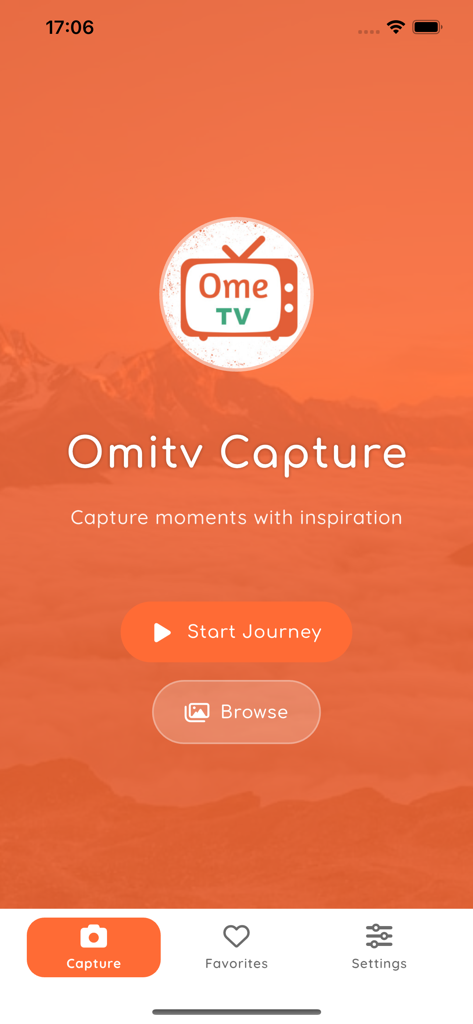 Tela inicial do aplicativo Omitv Capture com botões de início de jornada e navegação