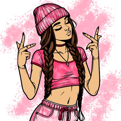realistic teenage girl with braids and a beanie and crop top doing 🫶🏼