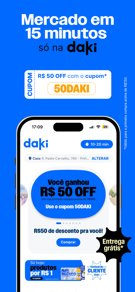 Daki app screen showing 15 minute grocery delivery and 50 Reais discount coupon