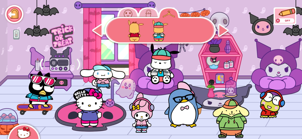 Hello Kitty And Friends World - サンリオキャラクターたちがハロウィンをテーマにした装飾された部屋に集まっており、キャラクターカスタマイズメニューが開いている。