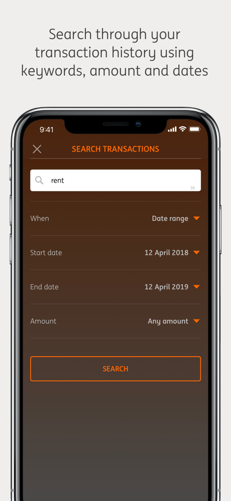 ING Australia mobile banking app transaction search screen with filters for keyword date range and amount