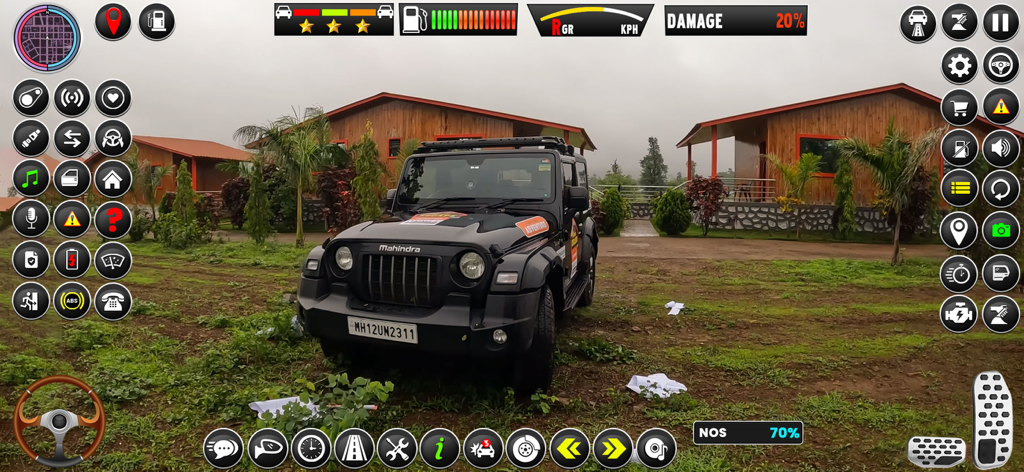 Offroad Jeep Driving Challange - Un jeep todoterreno negro en la interfaz de un juego de simulación estacionado en un campo cubierto de hierba con cabañas de madera.
