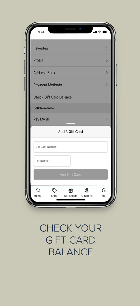 Belk Mobile App-Oberfläche, die die Einstellungen des Kontos und ein Formular zur Eingabe einer Geschenkgutscheinnummer zur Überprüfung des Guthabens anzeigt.