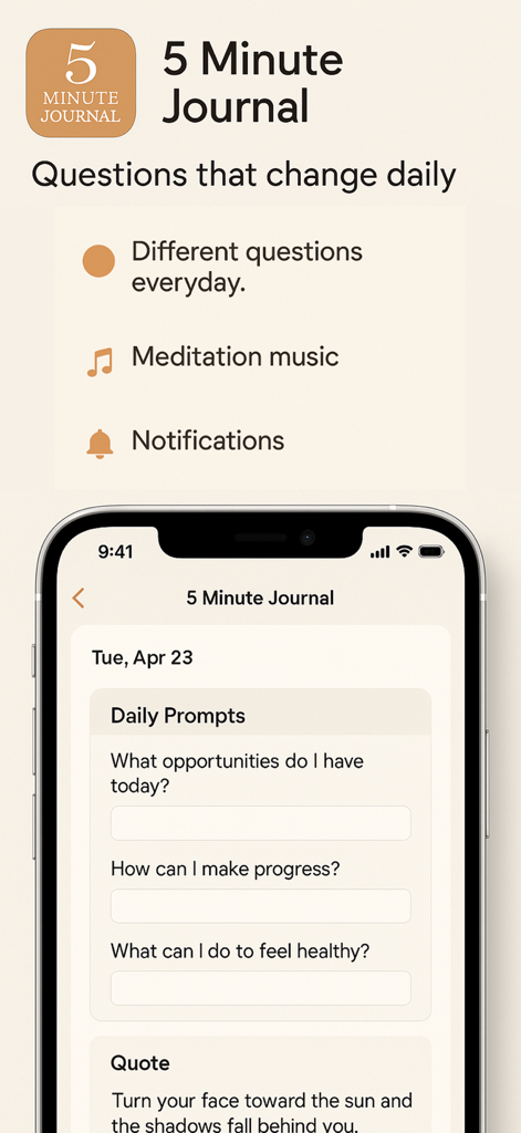 Life in Five: 5 min Journal - iPhone mostrando la aplicación de diario Life in Five con pistas diarias y destacados de funciones como música de meditación.