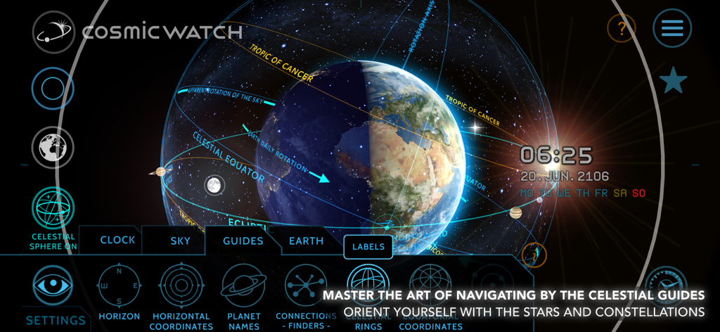Interfaz de la aplicación Cosmic Watch que muestra la esfera celeste y las guías de navegación de la Tierra