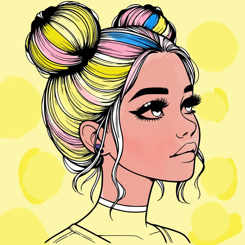 realistic girl with buns on the top of her head