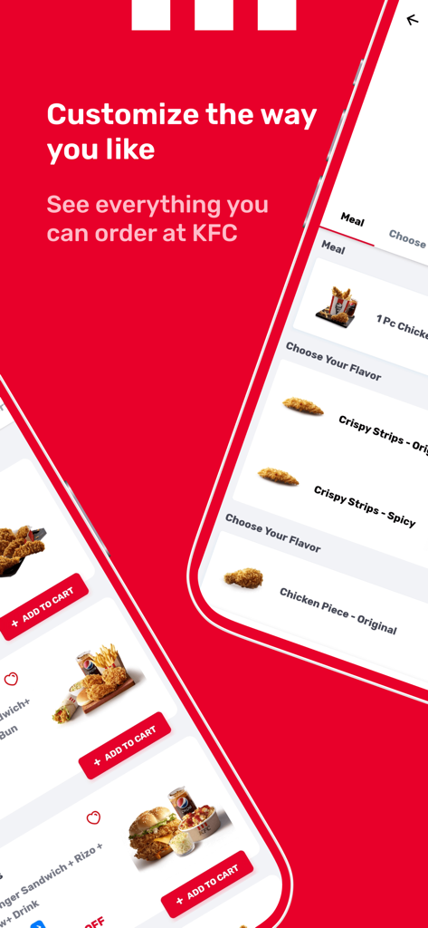 KFC Egypt - Order Food Online - Interfaz de la aplicación móvil KFC Egipto que muestra la personalización del menú y las opciones de selección de sabor