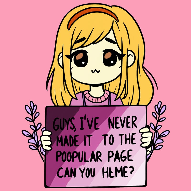 a girl holding up a sign that says, guys, i’ve never made it to the popular page, can you help me?