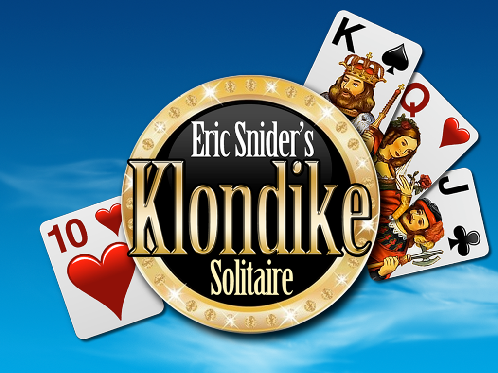 Título del juego Klondike Solitaire de Eric Snider con naipes sobre un fondo de cielo azul.