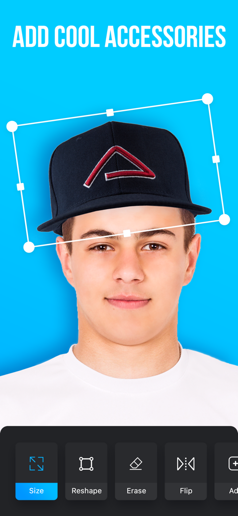 Man Editor: Slim & Skinny Body - Interfaz de la aplicación Man Editor mostrando cómo añadir y ajustar una gorra a un retrato masculino