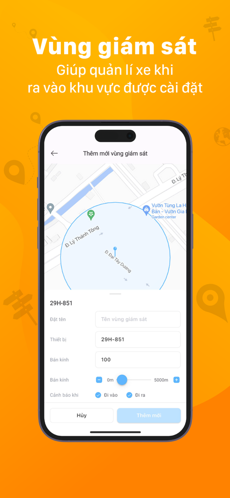 Geofencing setup screen in the iTrack Pro app showing map and radius settings