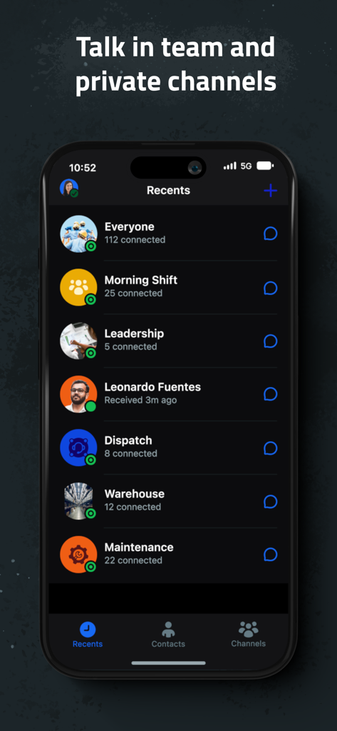 Zello Walkie Talkie app interface displaying a list of team and private communication channels