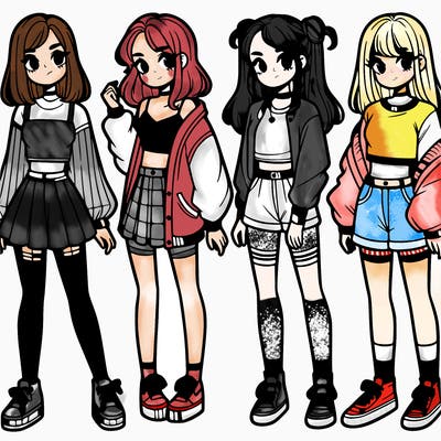 one girl with crop-top shirt and a jacket with a skirt, long socks and another girl with a shirt and pants with a jacket