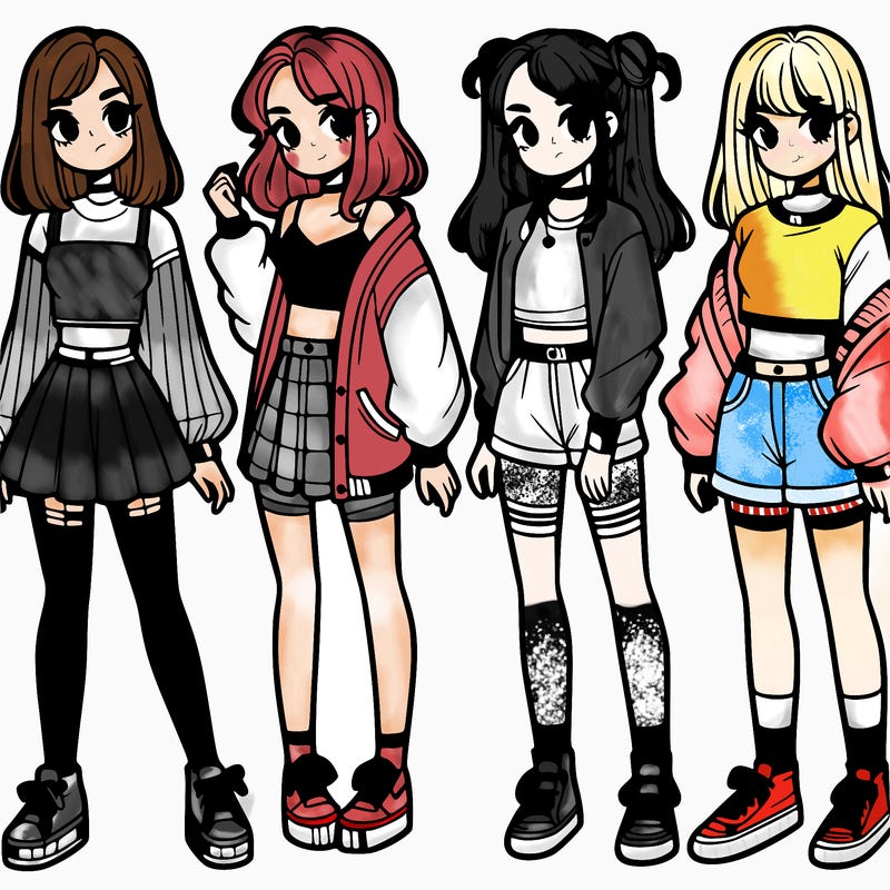 one girl with crop-top shirt and a jacket with a skirt, long socks and another girl with a shirt and pants with a jacket