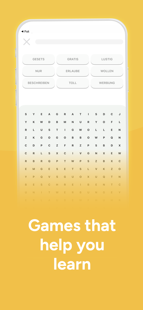 Vocabulary Builder Learn words - Una interfaz de juego de búsqueda de palabras dentro de la aplicación Constructor de Vocabulario con palabras educativas y el subtítulo 'Juegos que te ayudan a aprender'.