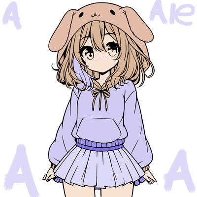 pretty anime girl wearing a fluffy hoodie with bunny ears on the hood and a skirt