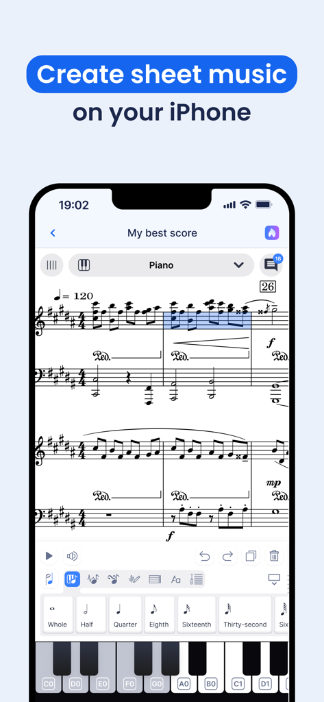 Flat: Music Score & Tab Editor - Benutzeroberfläche des Flat Noten-Editors auf einem iPhone, die Klaviernoten und ein virtuelles Keyboard zeigt