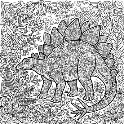 Dive into a prehistoric world with this unique Zentangle Stegosaurus coloring page, depicting the majestic dinosaur enjoying its plant-based diet. This intricate design offers a calming and rewarding artistic experience for all skill levels.