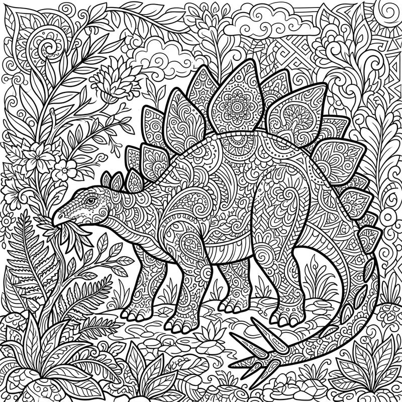 Dive into a prehistoric world with this unique Zentangle Stegosaurus coloring page, depicting the majestic dinosaur enjoying its plant-based diet. This intricate design offers a calming and rewarding artistic experience for all skill levels.