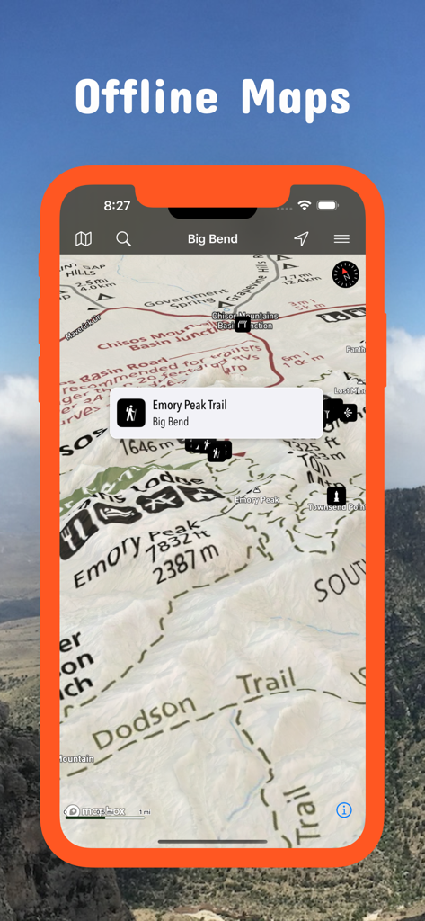 Texas Pocket Maps - Smartphone showing an offline topographic map of Emory Peak Trail in Big Bend National Park