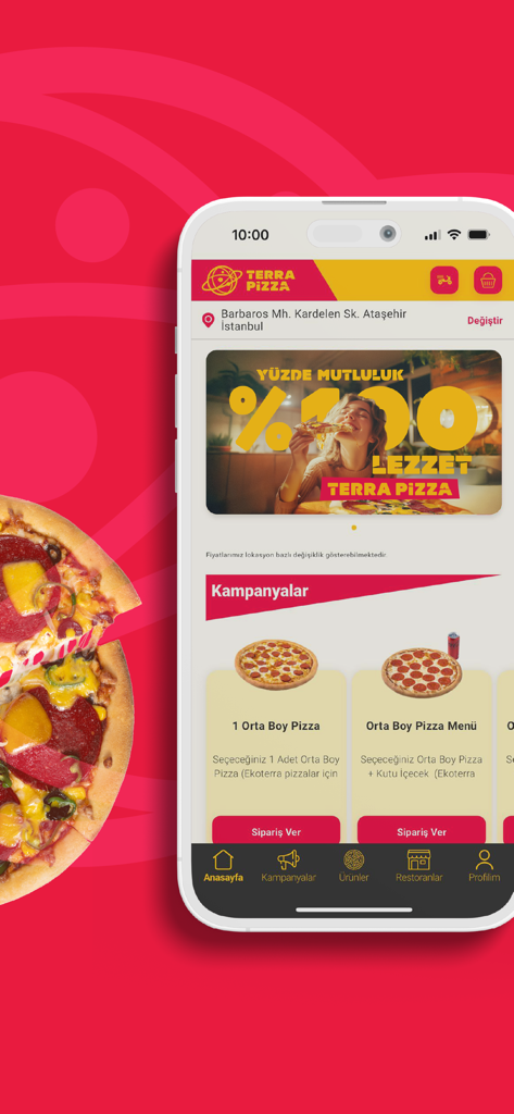 Terra Pizza - Terra Pizzaのモバイルアプリのホーム画面。ピザのオファーとプロモーションキャンペーンが表示されています。