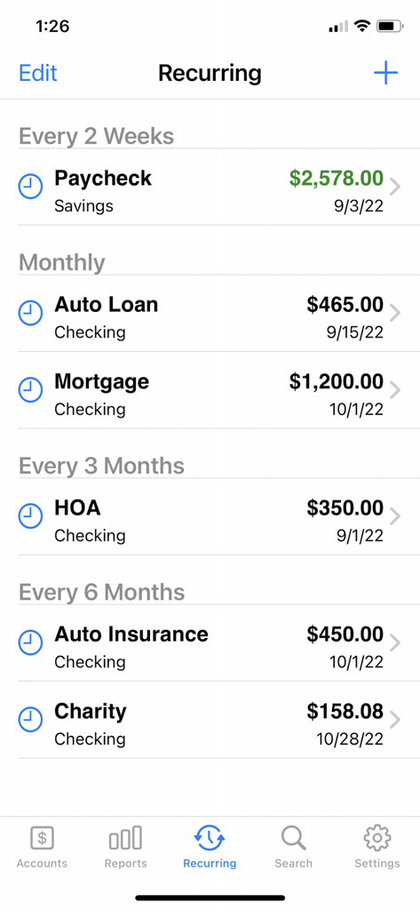 Accounts 3 Lite - Checkbook - The recurring transactions screen of the Accounts 3 Lite app showing scheduled expenses like mortgage and auto loan payments.