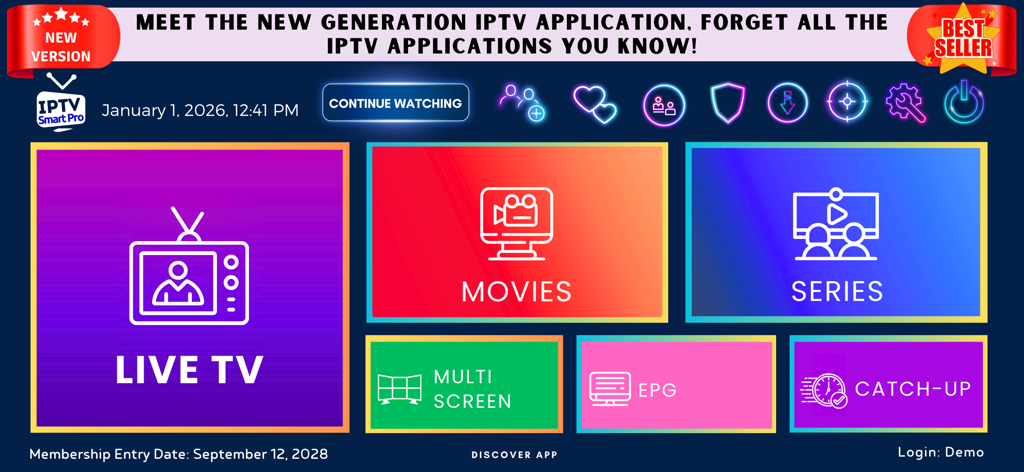 IPTV Smart Pro - Live TV - Haupt-Dashboard von IPTV Smart Pro mit den Menüoptionen Live-TV, Filme und Serien