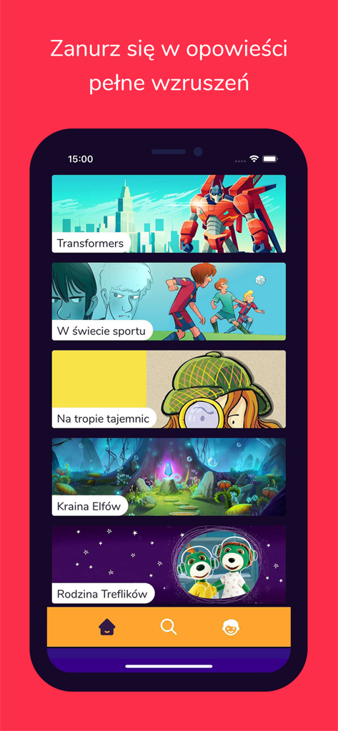 Audioteka Kids - Audioteka Kids mobile app interface showing various audiobook categories for children including Transformers and sports stories