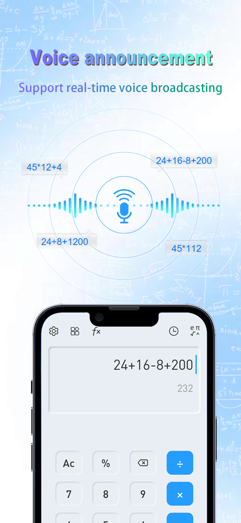 AI QuickSolver - Aplicación AI QuickSolver que muestra la función de anuncio de voz con transmisión en tiempo real y una interfaz de calculadora científica.
