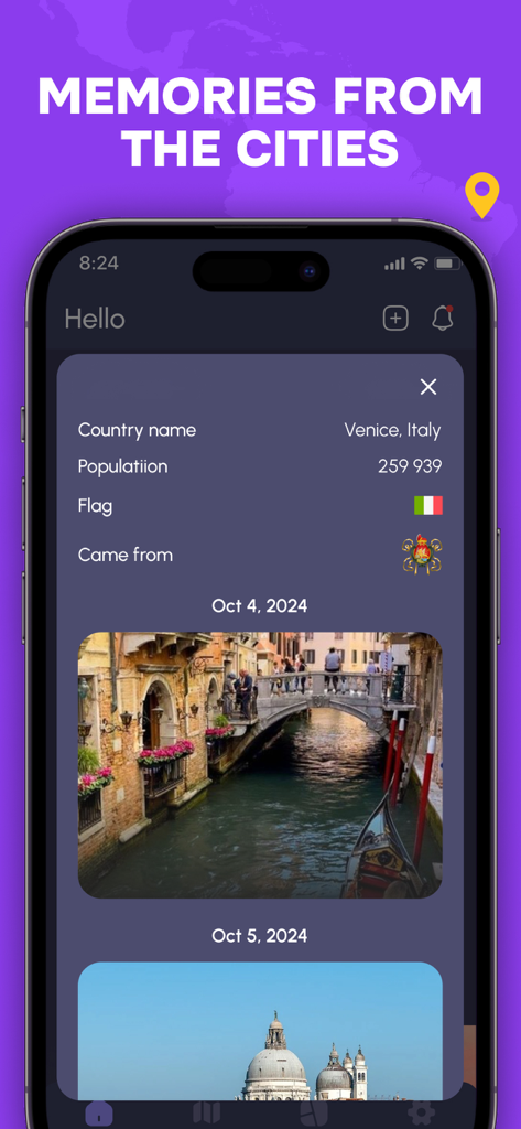 Travel Count - Country Tracker - Smartphone screen showing travel memories from Venice Italy with photos and city statistics