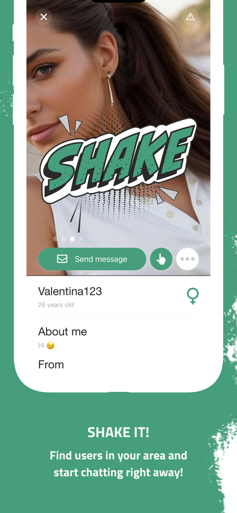 Steley - Steleyアプリのプロフィール画面。近くの新しい人を見つけるためのシェイク機能が表示されています。