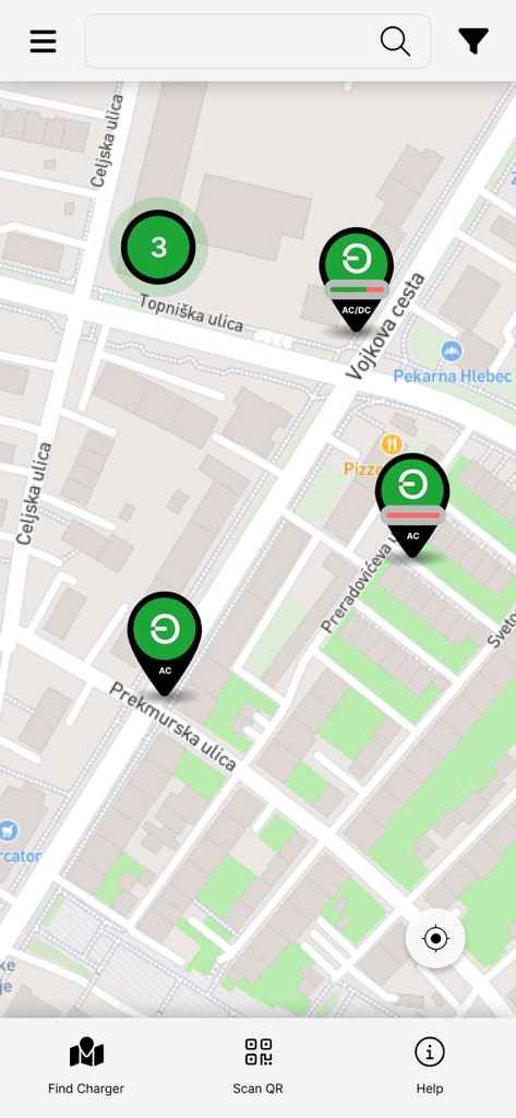 Vista de mapa da app Eleport mostrando múltiplos locais e disponibilidade de estações de carregamento de veículos elétricos