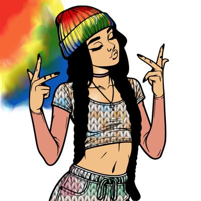 realistic teenage girl with braids and a beanie and crop top doing 🫶🏼