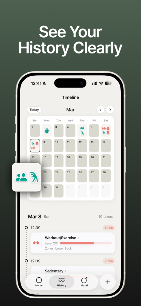 MuChills: Daily Stretch Log - Una vista de calendario dentro de la aplicación MuChills que muestra registros del historial de estiramientos y ejercicios mensuales.