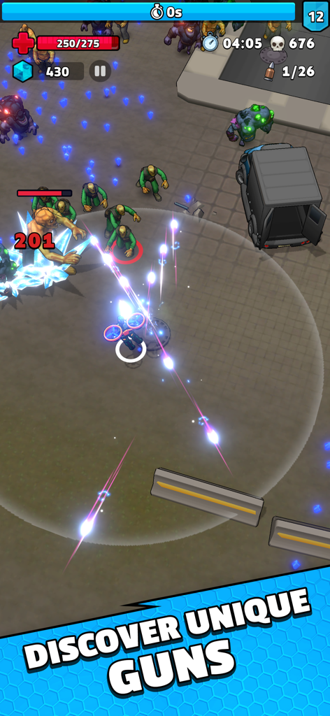 Bionics - Gameplay screenshot of Bionics showing a hero shooting lasers at zombies in a city street setting