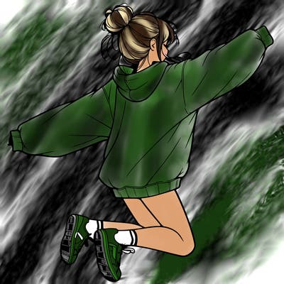 realistic girl jumping with a bun and oversized sweatshirt