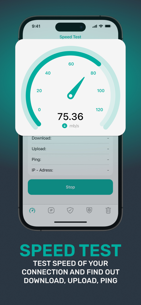 Online Shield - Fast VPN Proxy - Interface of the Online Shield app showing an internet speed test meter with a result of 75.36 mb/s