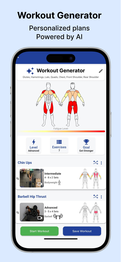 MuscleWiki: Workout & Fitness - Interface de l'application MuscleWiki montrant le générateur d'entraînement par IA avec une carte corporelle interactive et une liste d'exercices.