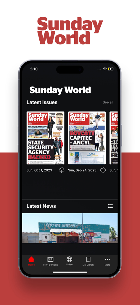 Sunday World e-Edition - Sunday World e-Editionアプリのインターフェース。スマートフォンの最新南アフリカニュースを表示。
