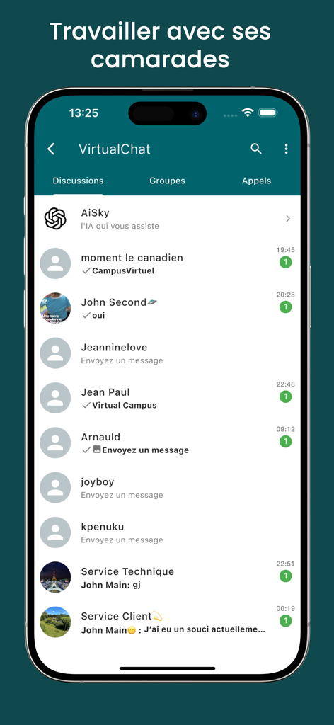 Virtual School - 学生の共同作業とAIアシスタントのためのVirtual SchoolアプリのVirtualChatインターフェイスを示すモバイル画面