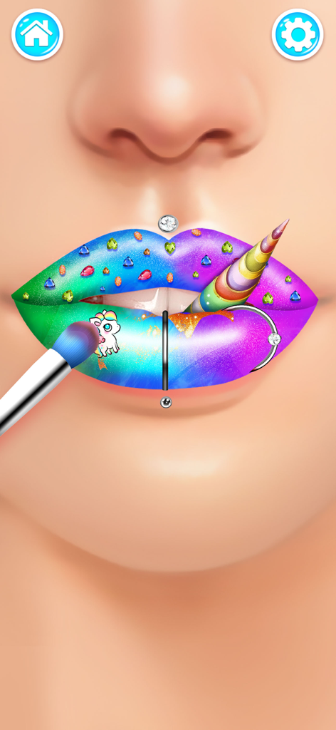 Colorful unicorn and galaxy themed lip art with jewels and piercings being designed in a makeup salon app