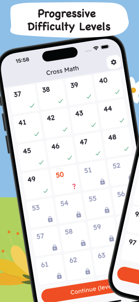 Cross Math: Math Puzzle Games - Écran de sélection de niveau de Cross Math montrant une grille de niveaux de difficulté progressive avec des étapes terminées et verrouillées.