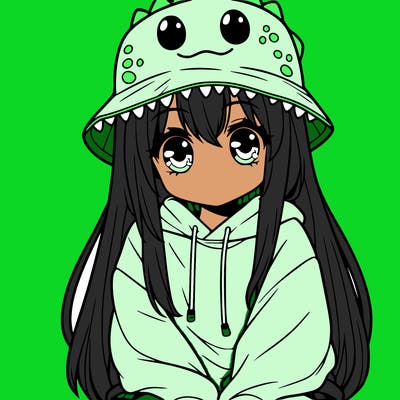 girl with anime shaped eyes with a dinosaur bucket hat oversized sweatshirt long straight hair