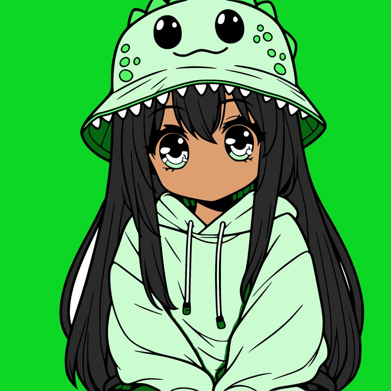 girl with anime shaped eyes with a dinosaur bucket hat oversized sweatshirt long straight hair