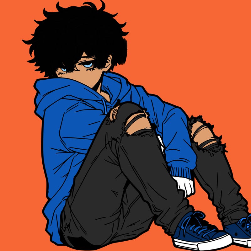 a male hoddie ripped jeans messy hair anime