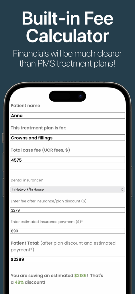 DDS GP - DDS GP app built-in fee calculator showing a dental treatment plan cost breakdown and patient savings