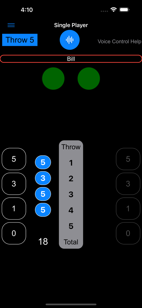 Axe Tracker mobile app interface showing single player scoring and voice recognition mode