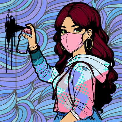 realistic girl with mask spray painting a wall