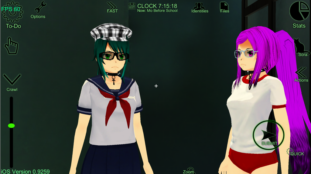 Two customized anime schoolgirls with unique outfits and hair styles in a dialogue screen from the game Schoolgirl Supervisor Saori Sato